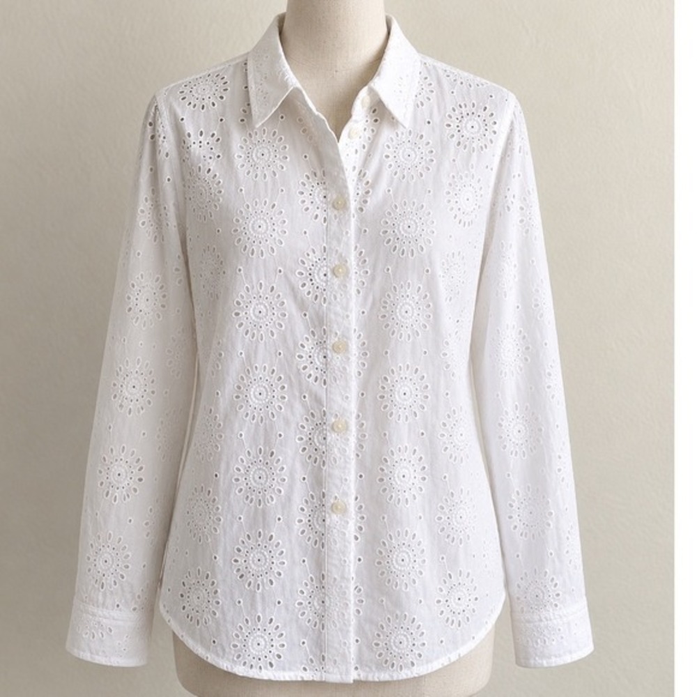 On-34th Womens White Eyelet Cotton Button Down Shirt Long Sleeve Size L